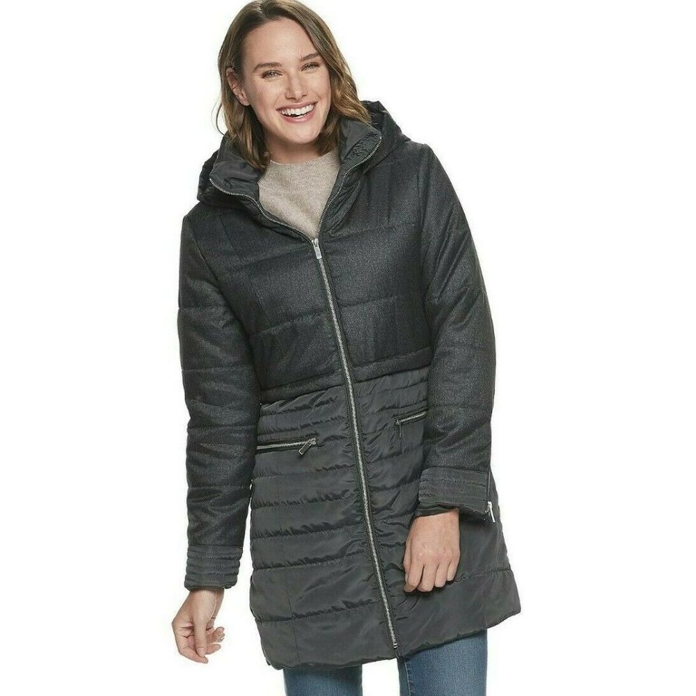 New MO-KA Mixed-Media Hooded Puffer Jacket Coat